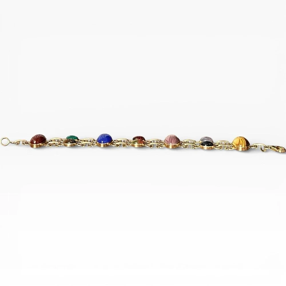 Vintage Carla 14k Yellow Gold Two Strands Multi Gemstone 10 Scarab Bracelet 7